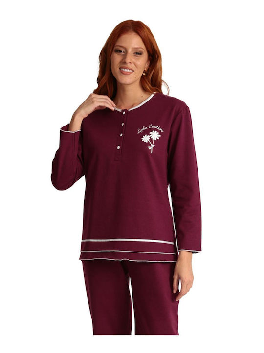 Lydia Creations Winter Women's Pyjama Set Cotton Burgundy