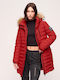 Superdry Ovin Fuji Women's Long Puffer Jacket for Winter with Hood Red