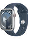 Apple Watch Series 9 Aluminium 45mm Waterproof with Heart Rate Monitor (Silver with Storm Blue Sport Band (S/M))