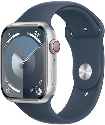 Apple Watch Series 9 Aluminium 45mm Waterproof with Heart Rate Monitor (Silver with Storm Blue Sport Band (S/M))