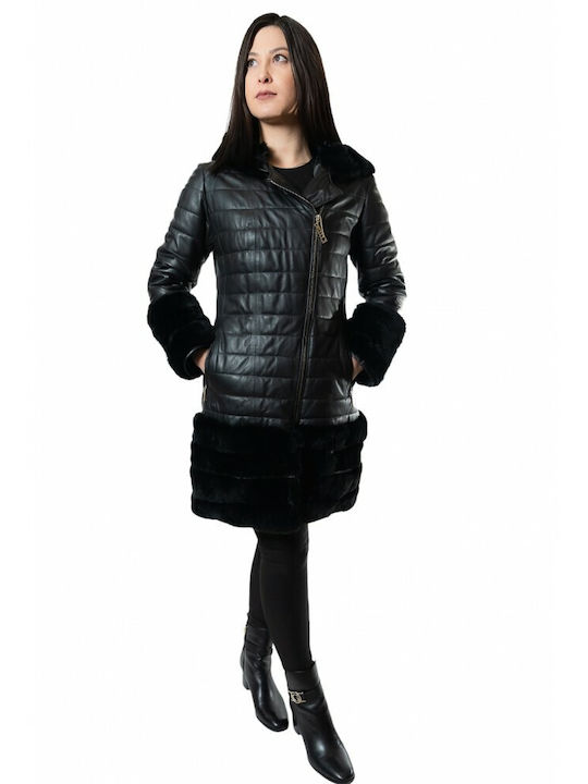 MARKOS LEATHER Women's Long Lifestyle Leather Jacket for Winter Black