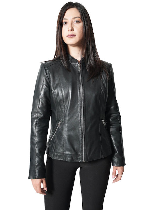 MARKOS LEATHER Women's Short Biker Leather Jacket for Winter Black