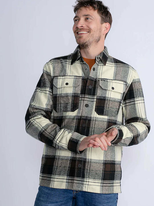 Μακρυμάνικo Βαμβακερό Overshirt σε Κανονική Γραμμή Καρό Καφέ