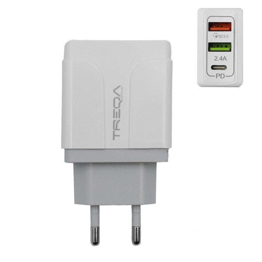Treqa Ladegerät ohne Kabel mit 2 USB-A Anschlüsse und USB-C Anschluss 38W Stromlieferung / Schnellaufladung 3.0 Weißs (CH-640)
