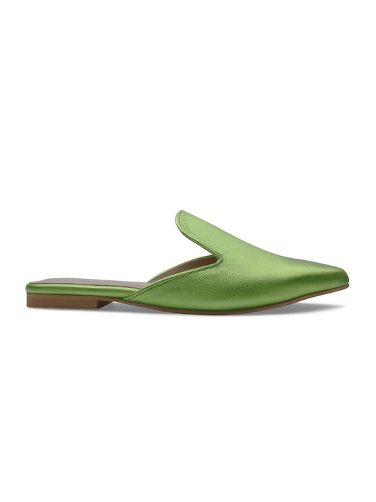 Fashion Beads Flat Leather Mules Green