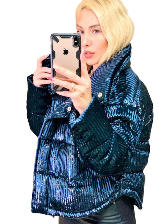 Women's Short Puffer Jacket for Winter Blue