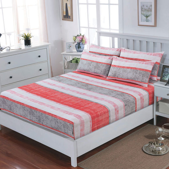Casa Colori Sheet Double with Elastic 140x200+30cm. Coral Stripe Coral