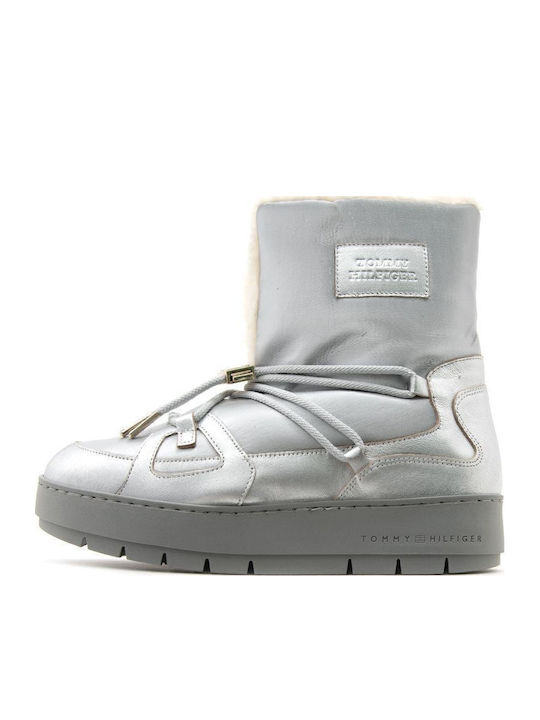 Synthetic Leather Snow Boots with Laces & Fur Gray