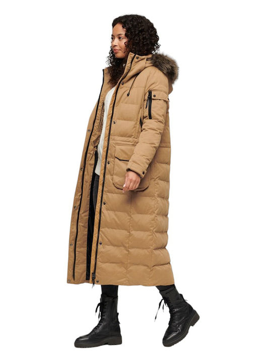 Superdry W D3 Ovin Women's Long Puffer Jacket for Winter with Hood Brown