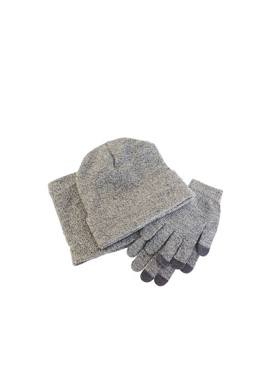 Vamore Unisex Set with Beanie Fleece Knitted Grey-Beige