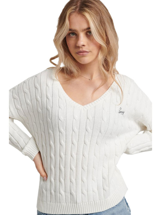 Superdry Cable Women's Long Sleeve Sweater with V Neckline White