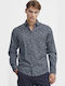 Long-sleeved Cotton Shirt Floral Navy Blue