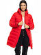 Women's Long Puffer Jacket for Winter with Hood Red