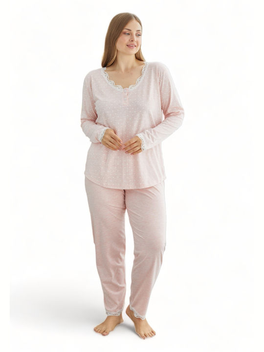 Sexen Χειμερινή Γυναικεία Βαμβακερή Μπλούζα Πιτζάμας Ροζ Plus Size