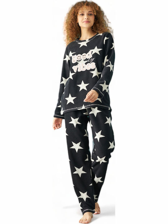 Siyah Inci Χειμερινό Fleece Γυναικείο Νυχτικό Μαύρο