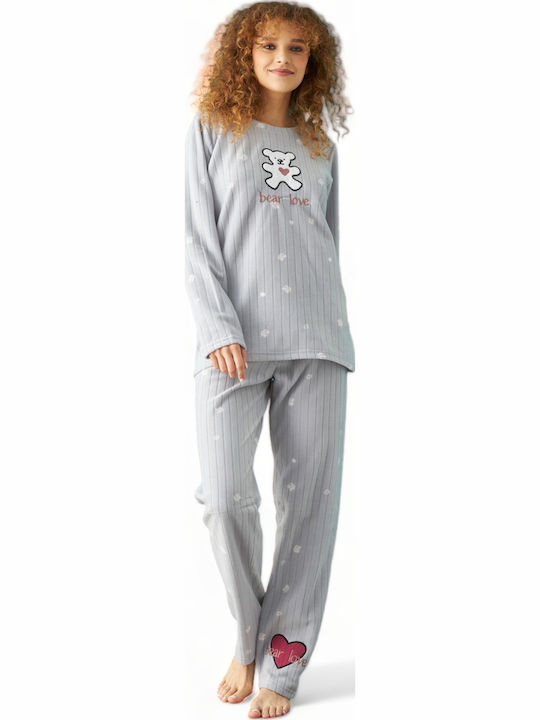 Siyah Inci Χειμερινό Γυναικείο Σετ Πιτζάμας Fleece Γκρι Bear
