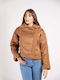 Women's Short Puffer Suede Jacket for Winter Brown