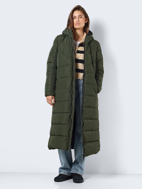 Women's Long Puffer Jacket for Winter with Hood Green