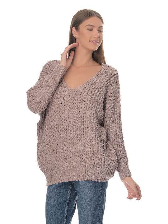 G Secret Damen Langarm Pullover mit V-Ausschnitt Beige