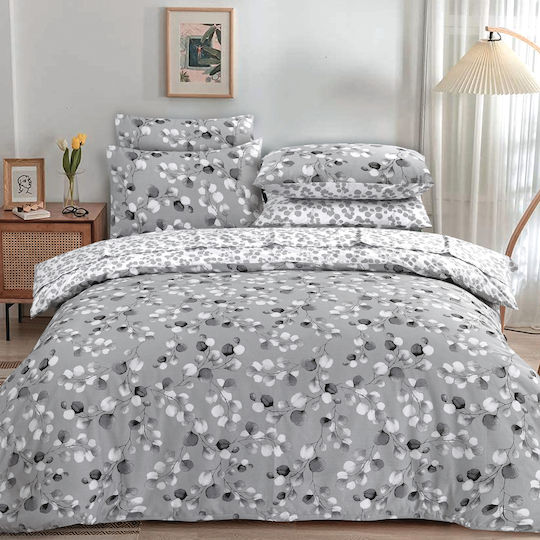 Casa Colori Set Cearșafuri Dublu cu Elastic 140x200+30cm. Grey Leaves Gri 4buc