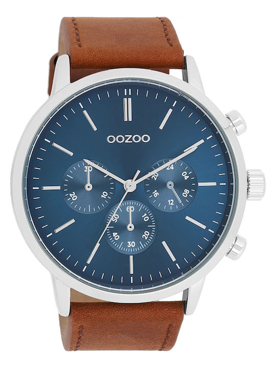 Oozoo Timepieces Ανδρικό Ρολόι 50mm Χρονογράφος Μπαταρίας με Καφέ Δερμάτινο Λουράκι