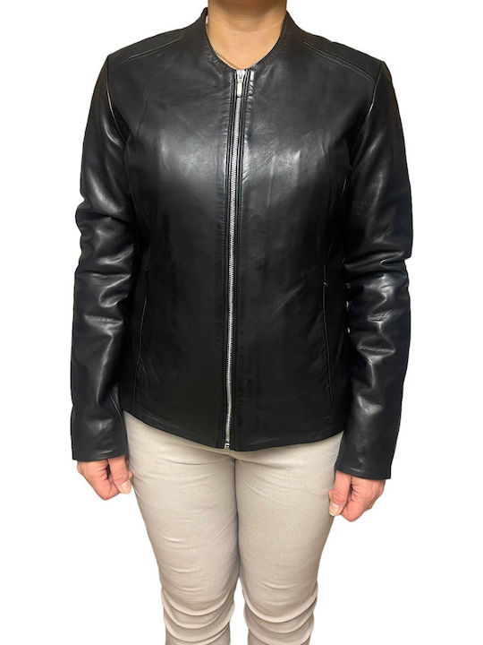 Women's Short Lifestyle Leather Jacket for Winter Black