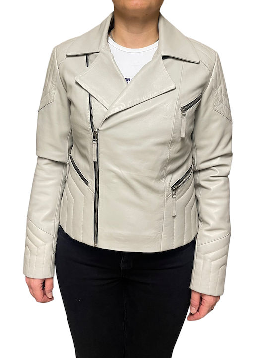 MARKOS LEATHER Women's Short Biker Leather Jacket for Winter White