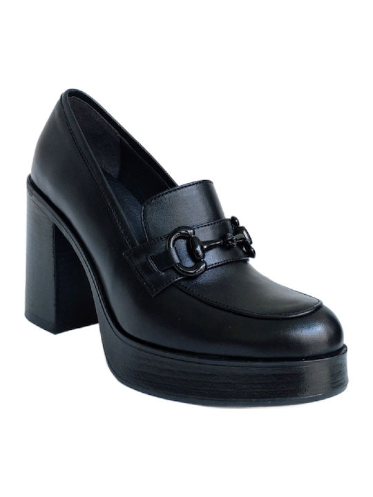 Leder Pumps mit Chunky hohem Absatz Schwarz