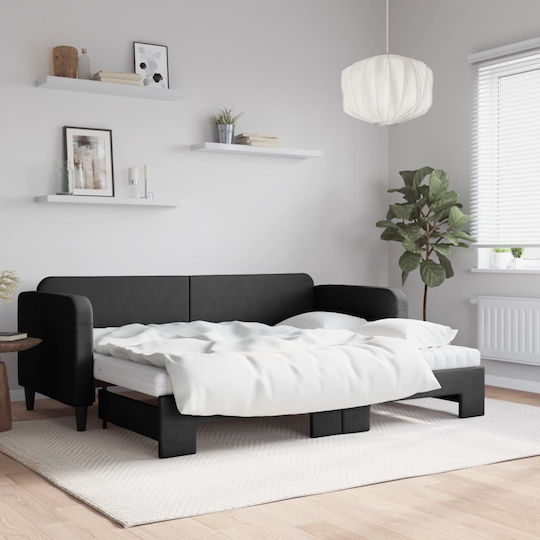 Canapea Pat Single din Lemn Masiv Negru cu Lamele & Saltea 80x200cm