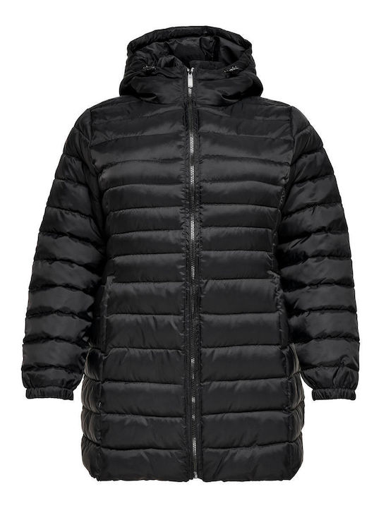 Only Women's Long Puffer Jacket for Winter with Hood Black