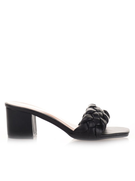 Famous Shoes Mules με Χοντρό Ψηλό Τακούνι σε Μαύρο Χρώμα