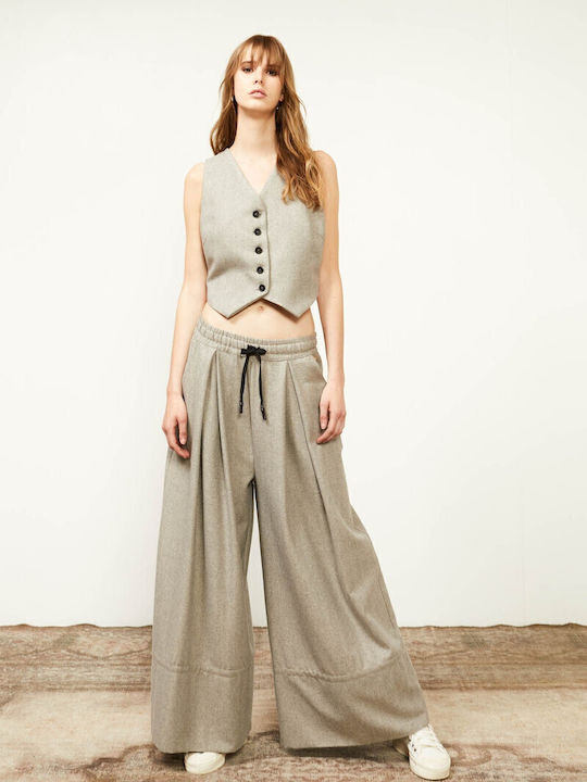 Damen Hoch tailliert Stoff Hose mit Gummizug Gray
