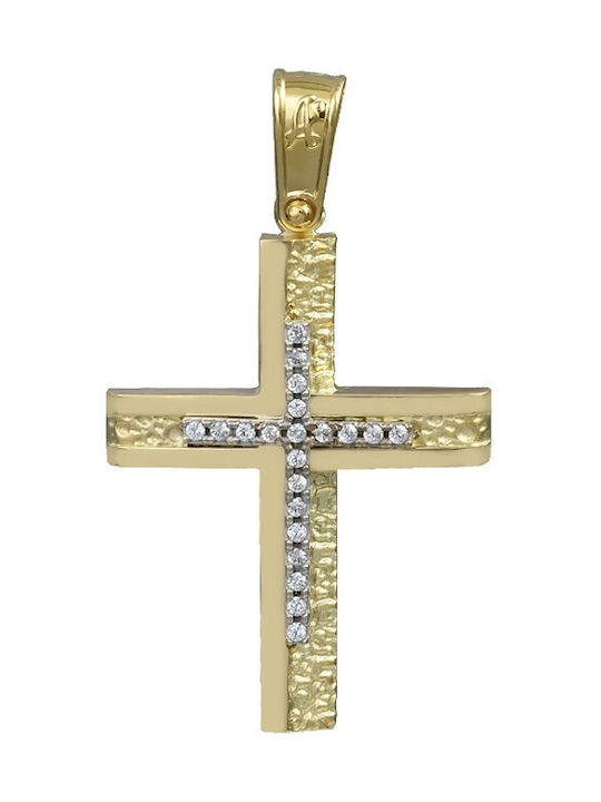 Σταυρός βαπτιστικός γυναικείος χρυσός 14Κ με ματ και λουστρέ φινίρισμα και λευκά ζιργκόν (ΣΤ001183)