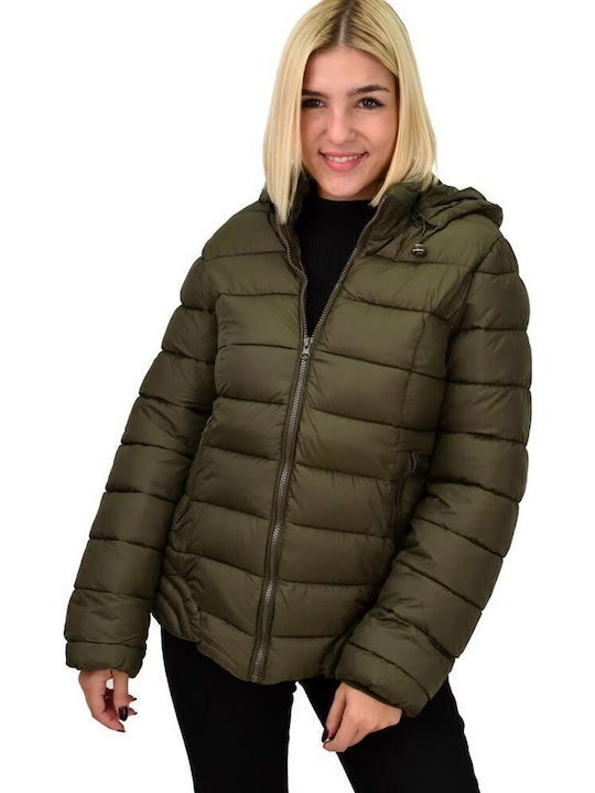 Κοντό Γυναικείο Puffer Μπουφάν για Χειμώνα Χακί