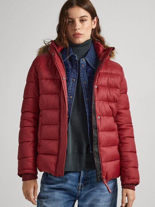 Pepe Jeans Women's Short Puffer Jacket Waterproof for Winter with Hood Red
