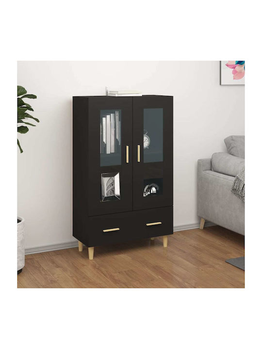 Floor Particle Board Living Room Display Cabinet with Glass Black 70x31x115cm