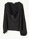 Damen Bluse Satin Langärmelig Drapierung Schwarz