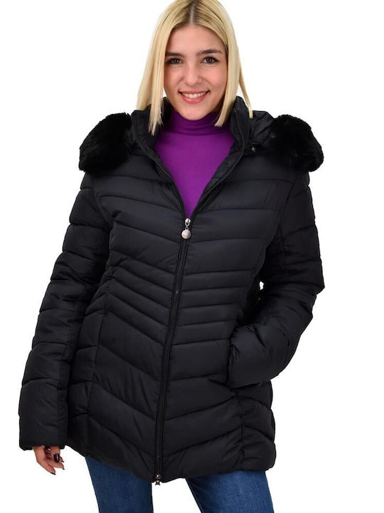 Potre Women's Short Puffer Jacket for Winter with Detachable Hood Black