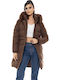 Women's Long Puffer Jacket for Winter with Hood Brown