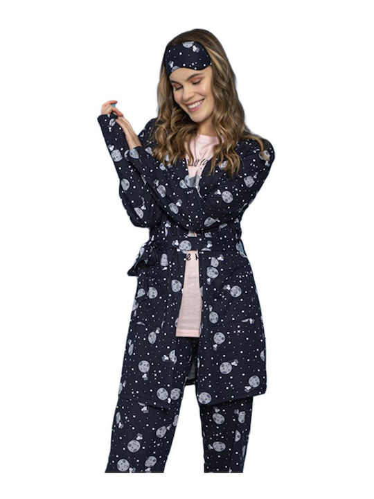 FMS Winter Damen Robe mit Pyjama Marineblau