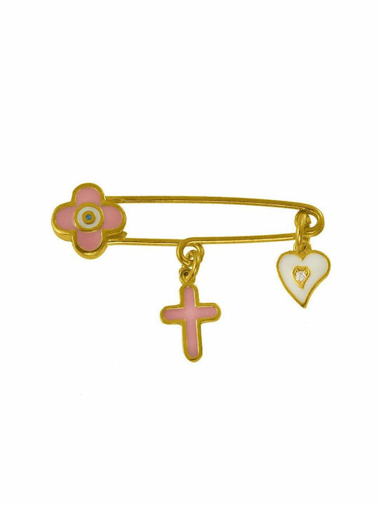 Amor Amor Child Safety Pin Ματάκι made of Gold Plated Silver with Cross