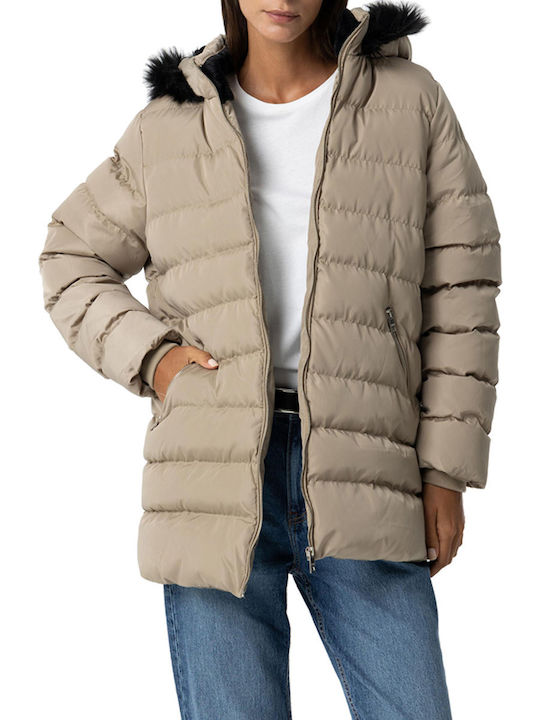 Tiffosi Women's Short Puffer Jacket for Winter with Detachable Hood Beige