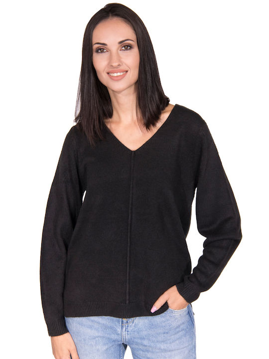 Byoung Women's Long Sleeve Sweater with V Neckline 80001/BLACK