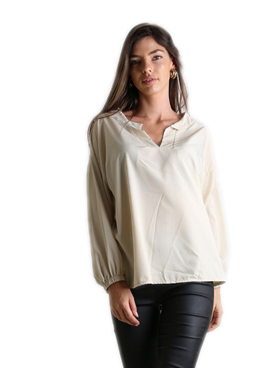 Chica Women's Blouse Satin Long Sleeve Beige