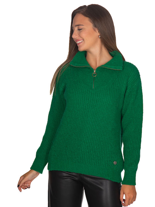 Vera Women's Blouse Long Sleeve with Zipper Green