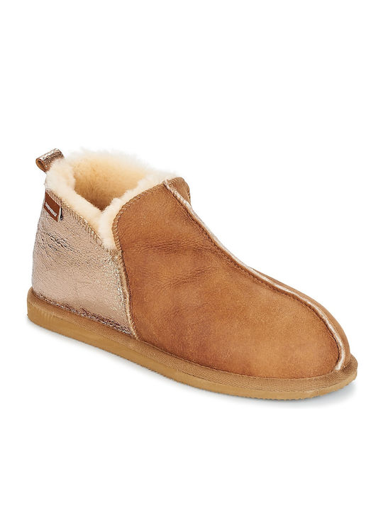 Leather Winter Women's Slippers Brown