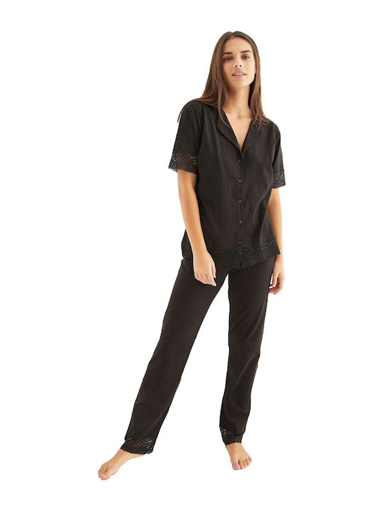 Siyah Inci Summer Cotton Women's Pyjama Pants Black Noir