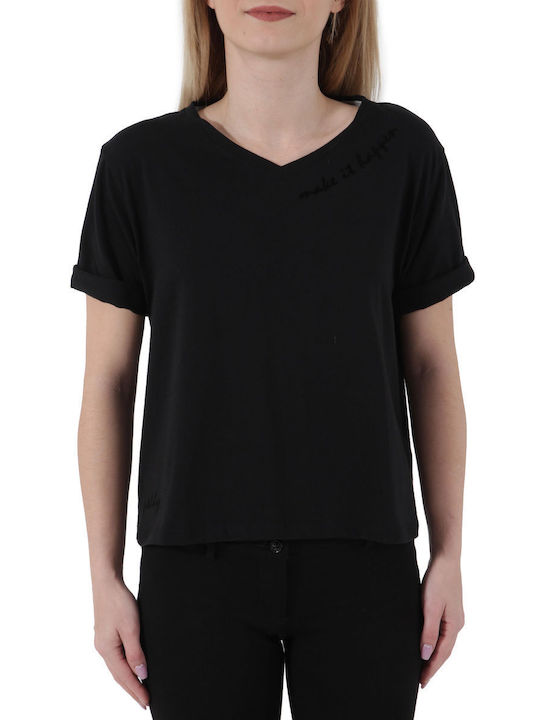 Freddy Women's Crop Top Cotton Short Sleeve with V Neckline Black