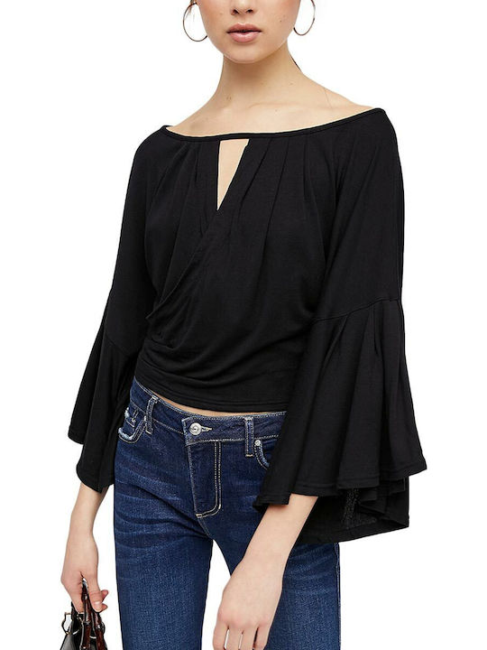 Bluze Damă Crop cu 3/4 Mâneci Negru