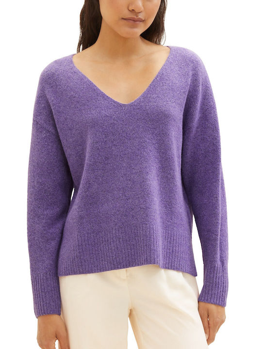 Tom Tailor Women's Long Sleeve Sweater Cotton with V Neckline Purple
